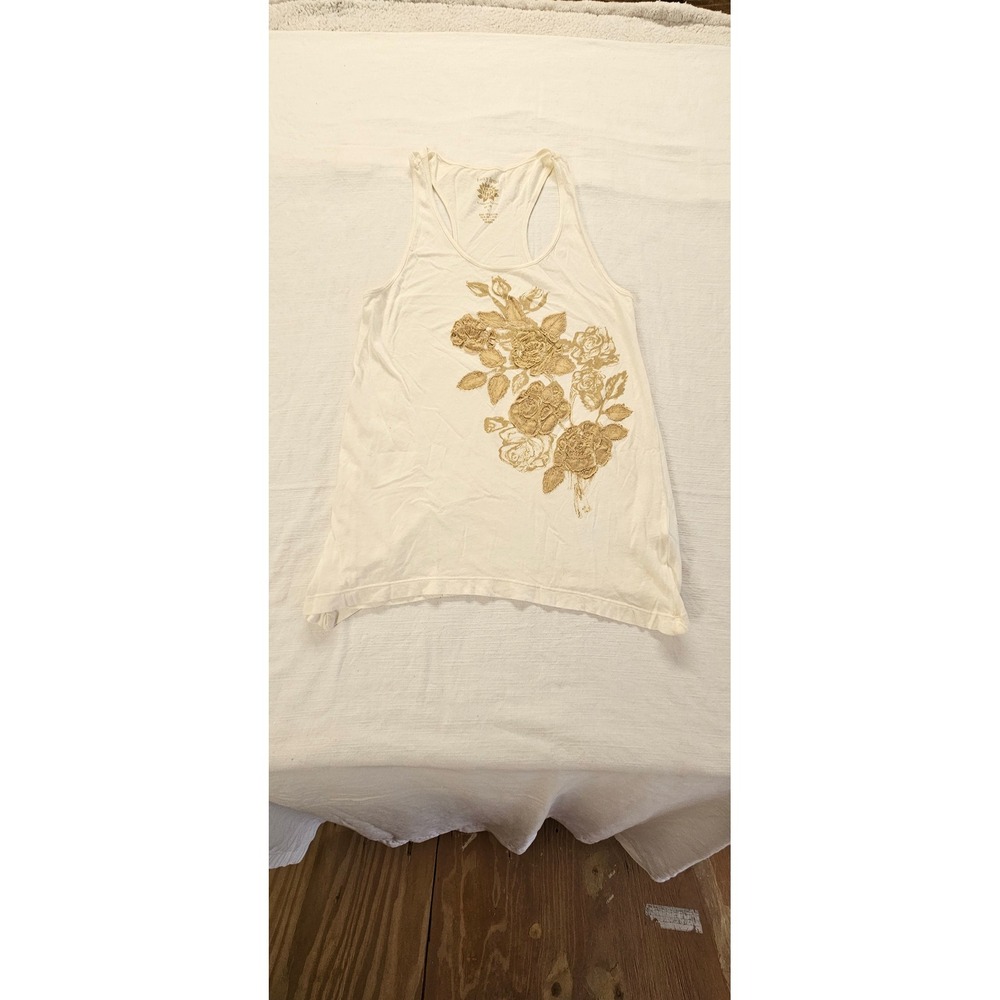 Lucky Brand Womens Ivory Floral Silk Applique Racerback‎ Tank Top Small Boho